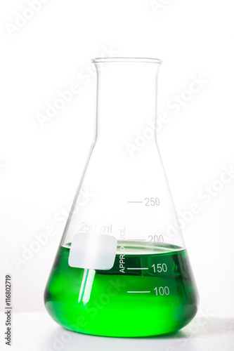 Chemistry test in flask glassware in laboratory with white background