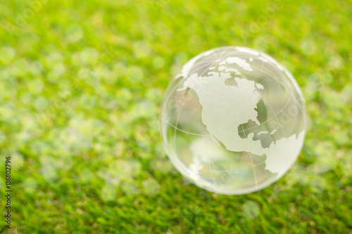 Global green concept with crystal globe on grass land