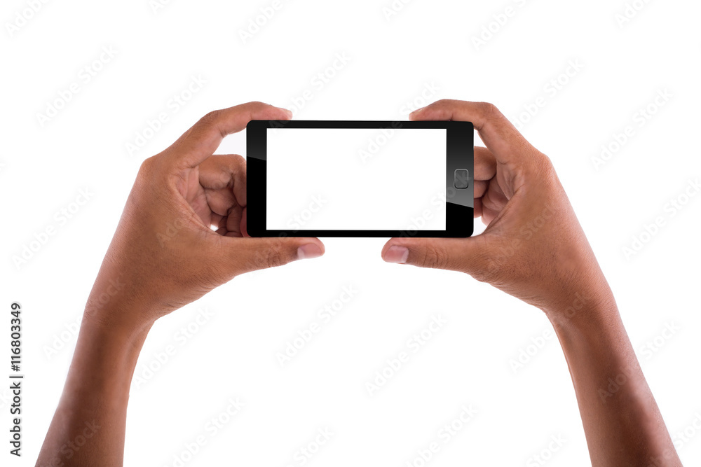 Hand holding smartphone with isolated background Hand holding smartphone with isolated background