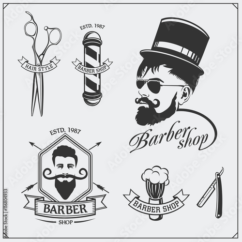 Set of vintage Barber shop labels, badges, emblems and design elements.