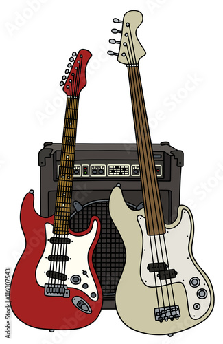 Classic and bass electric guitars with a combo / Hand drawing, vector illustration