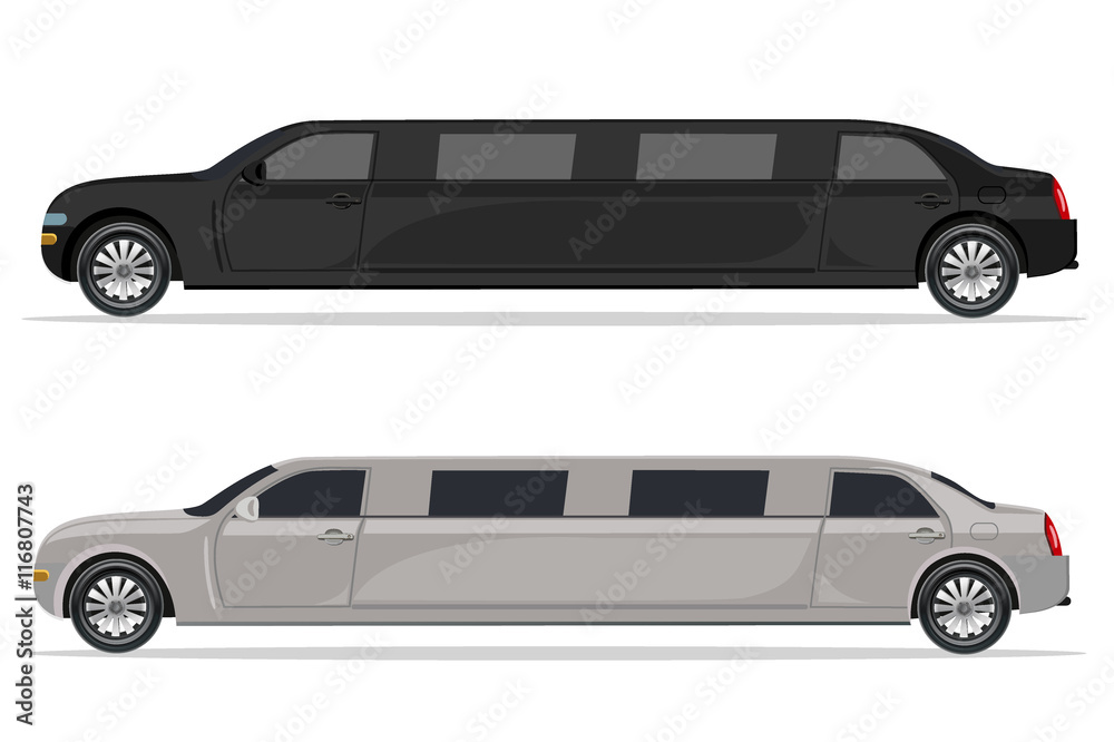 white and black limousine, design element, flat, vector illustration