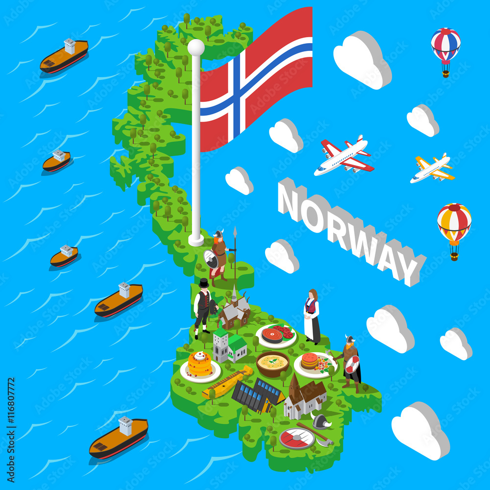 Naklejka premium Norway Map Touristic Symbols Isometric Poster