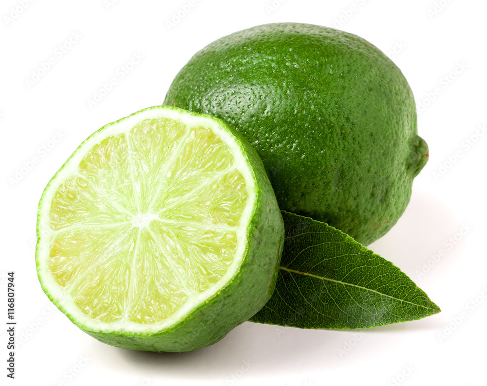 lime with half and leaf isolated on white background lime with half and leaf isolated on white background