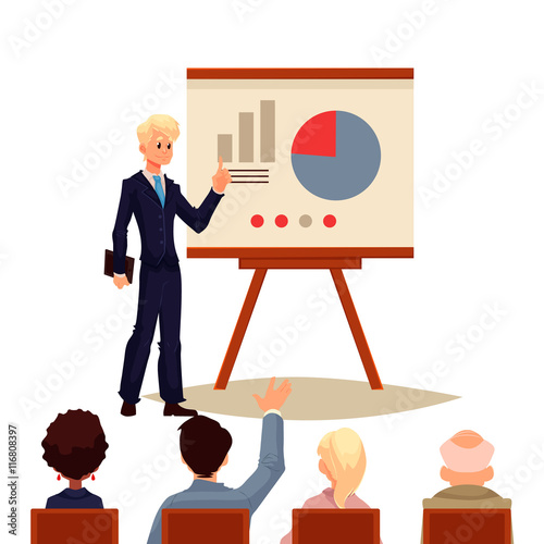 Businessman giving presentation with a board, sketch style vector illustration isolated on white background. Confident male manager and flip chart with pie graph presenting chart to group of people