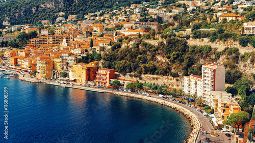 view of luxury resort and bay on sunny day. Villefranche-sur-Mer, french reviera, near Nice and Monaco