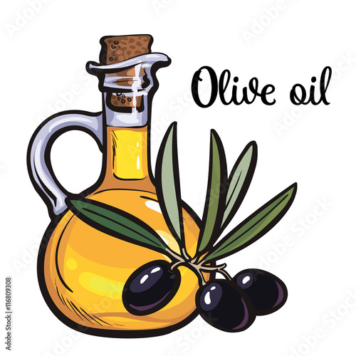 olive oil bottle with black olives isolated sketch style vector illustration on white background. beautiful realistic traditional oil bottle