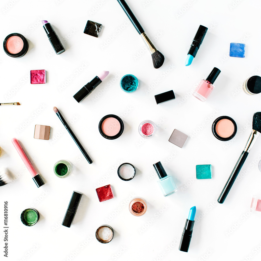flat lay female cosmetics collage with lipstick, brush on white background. top view set flat lay female cosmetics collage with lipstick, brush on white background. top view set