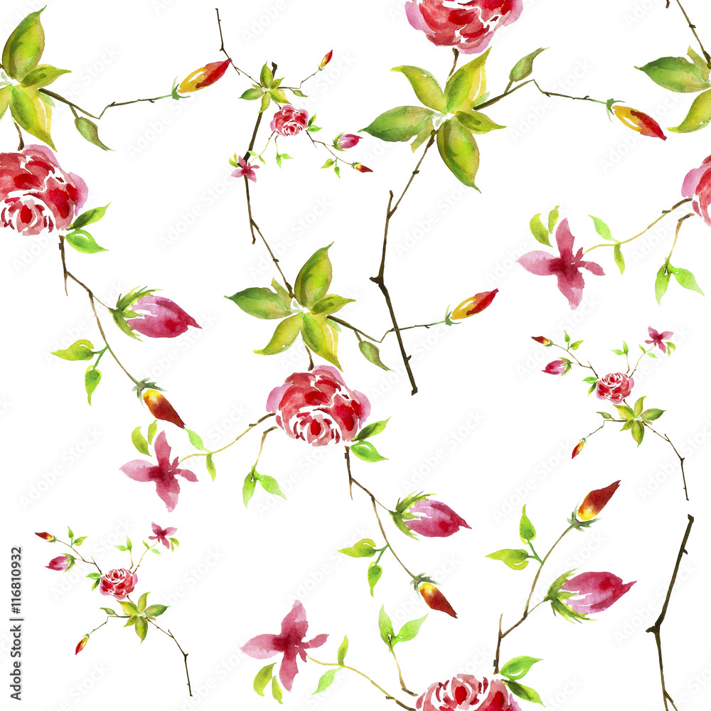 Vintage watercolor pattern - flowers, roses branch with buds, leaves. Seamless background.