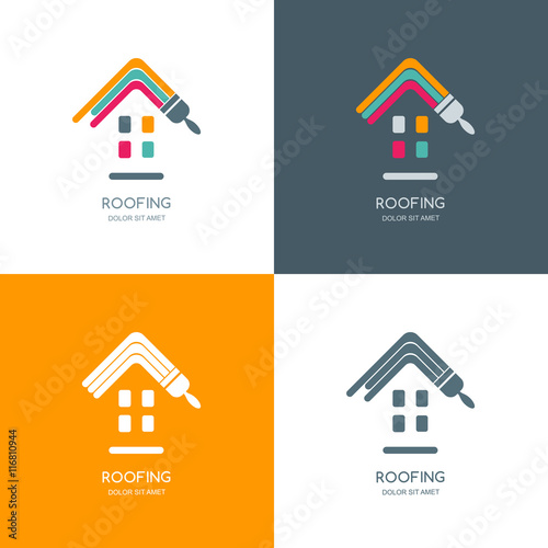 House repair, roofing vector logo, label, emblem design. Staining roof of house, isolated icon. Concept for building, house construction and painting.