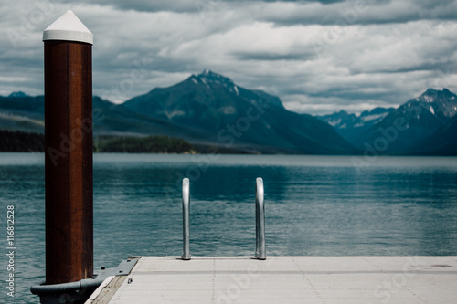 Ladder form pier into water, Lake Mcdonald, Glacier National Park, Montana
