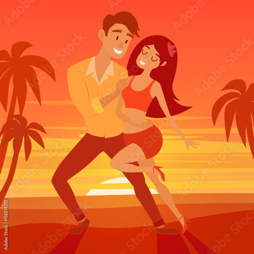Latino dancer on beach vector illustration. Cuban couple of happy woman and man. Salsa, samba, bachata or zouk dance. Poster for festival dates, .Latino. Social salseros flat style