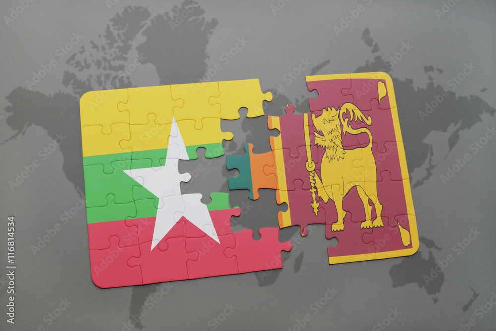 Obraz premium puzzle with the national flag of myanmar and sri lanka on a world map background.