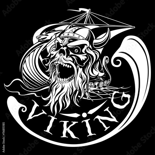 Viking skull on a background of Drakkar, warship, vector illustr