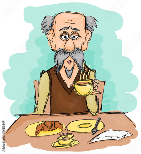 Old man drinking coffee while sitting behind a table