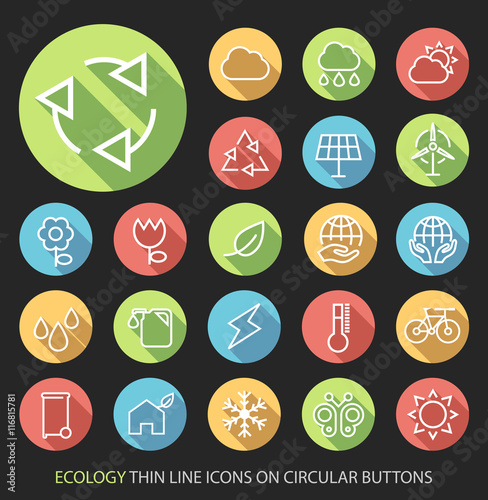 Ecology Minimalistic Thin Line Icons on Circular Colored Buttons.