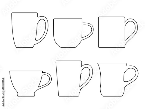Various tea mugs - outline. Vector illustration.