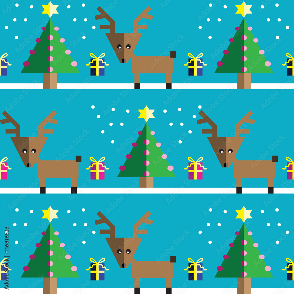 Seamless pattern with geometrical Reindeer, gifts with ribbon, snow, Christmas trees with  pink lights and star element in two shades on light blue background 
