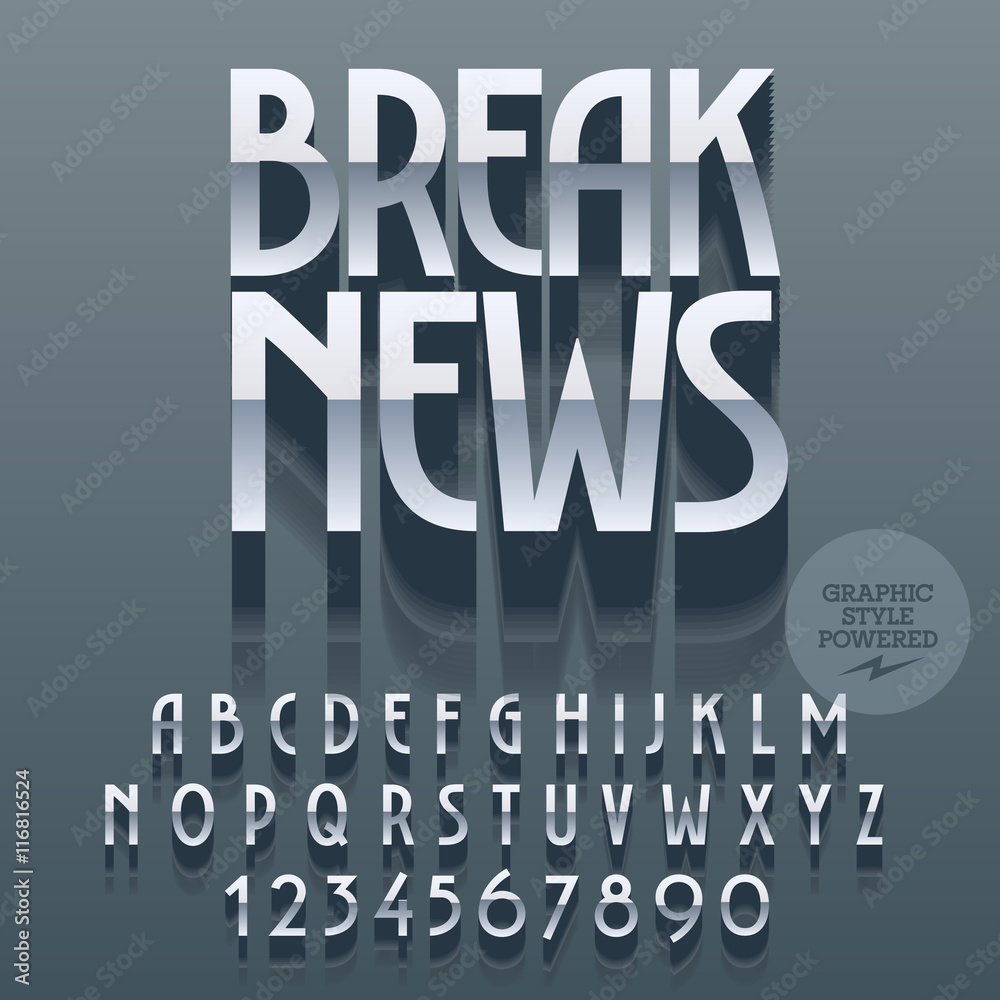 Set of glossy alphabet letters, numbers and punctuation symbols. Vector reflective silver poster with text Break news. File contains graphic styles Set of glossy alphabet letters, numbers and punctuation symbols. Vector reflective silver poster with text Break news. File contains graphic styles