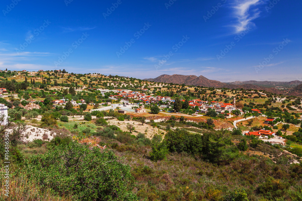 Panoramic view on Kato Lefkara - is the most famous village in the Troodos Mountains. Limassol district, Cyprus, Mediterranean Sea. Mountain landscape and sunny day.
