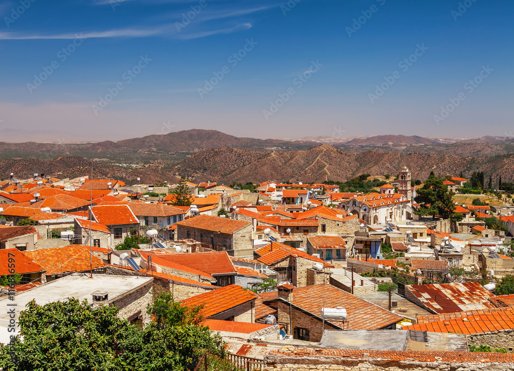 Panoramic view on Kato Lefkara - is the most famous village in the Troodos Mountains. Limassol district, Cyprus, Mediterranean Sea. Mountain landscape and sunny day.