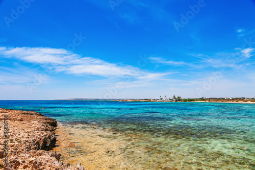 Beautiful landscape near of Nissi beach and Cavo Greco in Ayia Napa, Cyprus island, Mediterranean Sea. Amazing blue green sea and sunny day.
