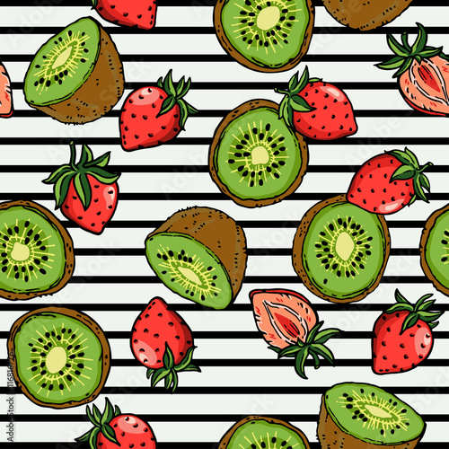 Kiwi Strawberry Surface Pattern. Isolated Fruity Illustration Vector on Background.