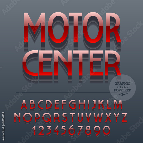 Set of slim glossy metal alphabet letters, numbers and punctuation symbols. Vector reflective plastic emblem with text Motor center. File contains graphic styles