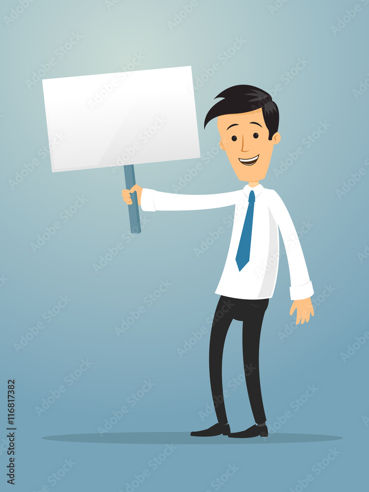 Happy businessman holding blank board