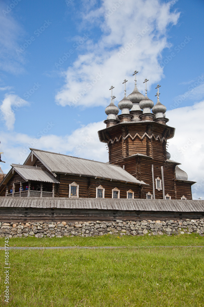Karelia. Island of Kizhi. View of Church of the Intercession of the Virgin and Preobrazhenskii Cathedral (Church of the Transfiguration).