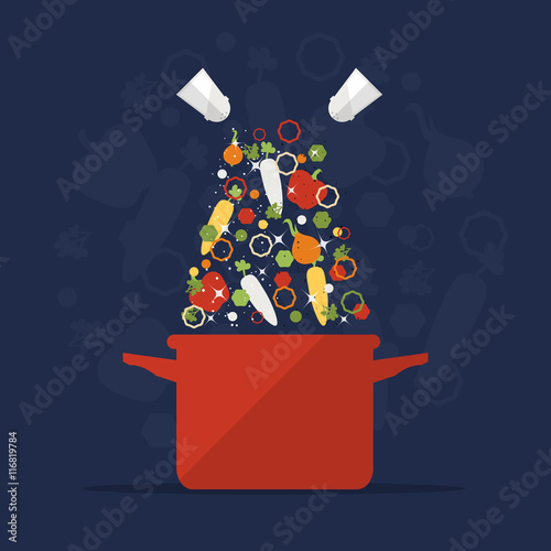 Magic Cooking Pot with vegetables. Flat Design Style. 