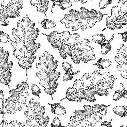 Seamless vector pattern with autumn leaves. Oak leaf and acorn d