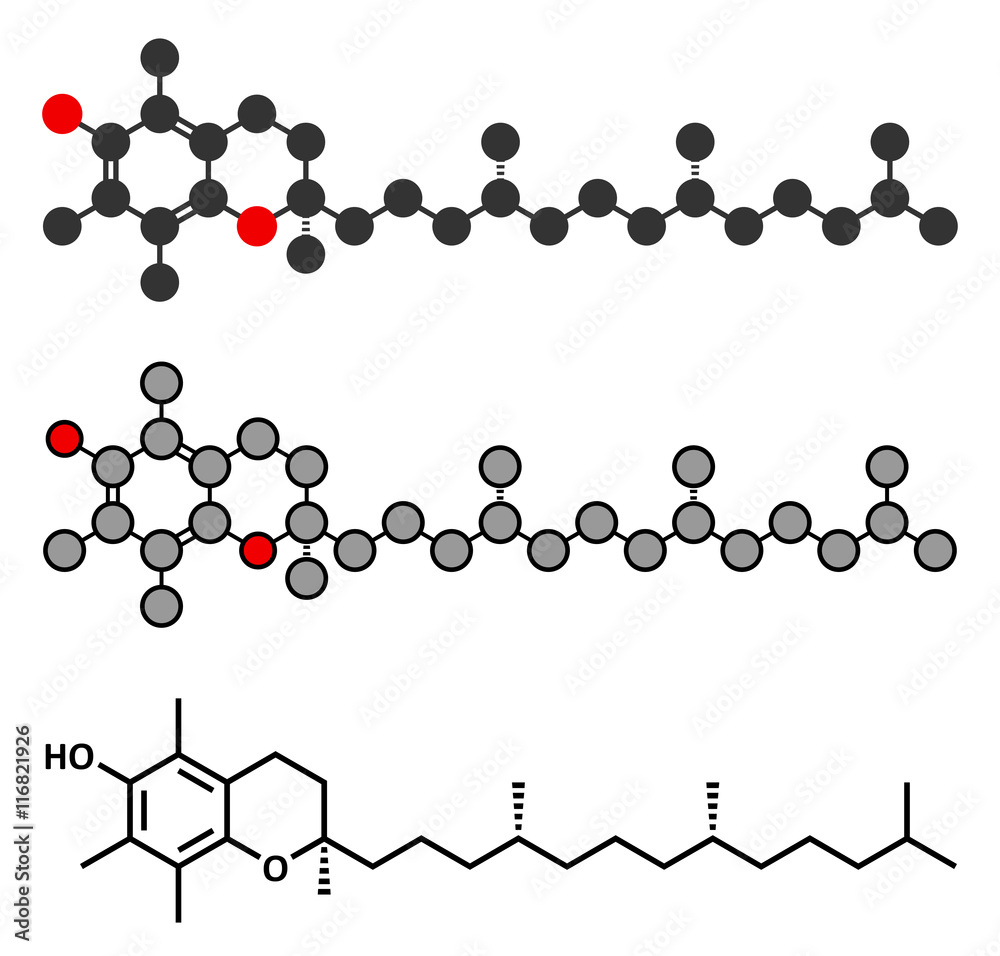 Vitamin E (alpha tocopherol) molecule. Vitamin E (alpha tocopherol) molecule.