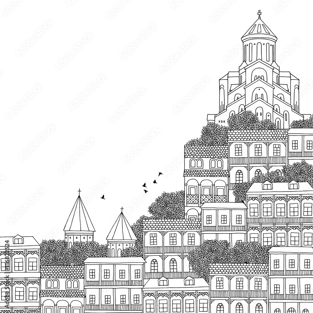 Tbilisi, Georgia - hand drawn black and white illustration with space for text