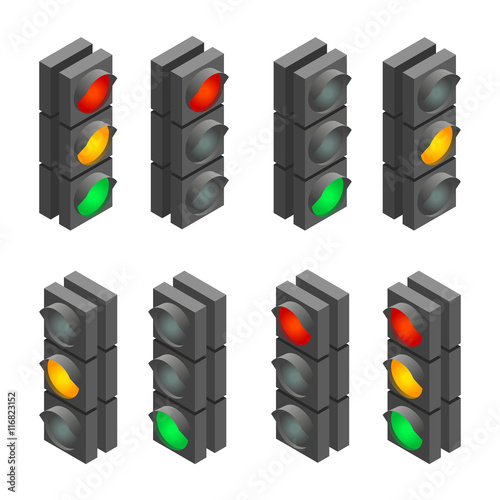 Traffic signal. Traffic light, traffic light sequence. Flat 3d vector isometric illustration.