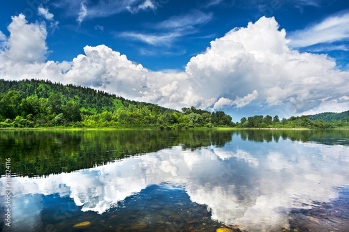 Beautiful landscape with cloudy blue sky reflected in the clear