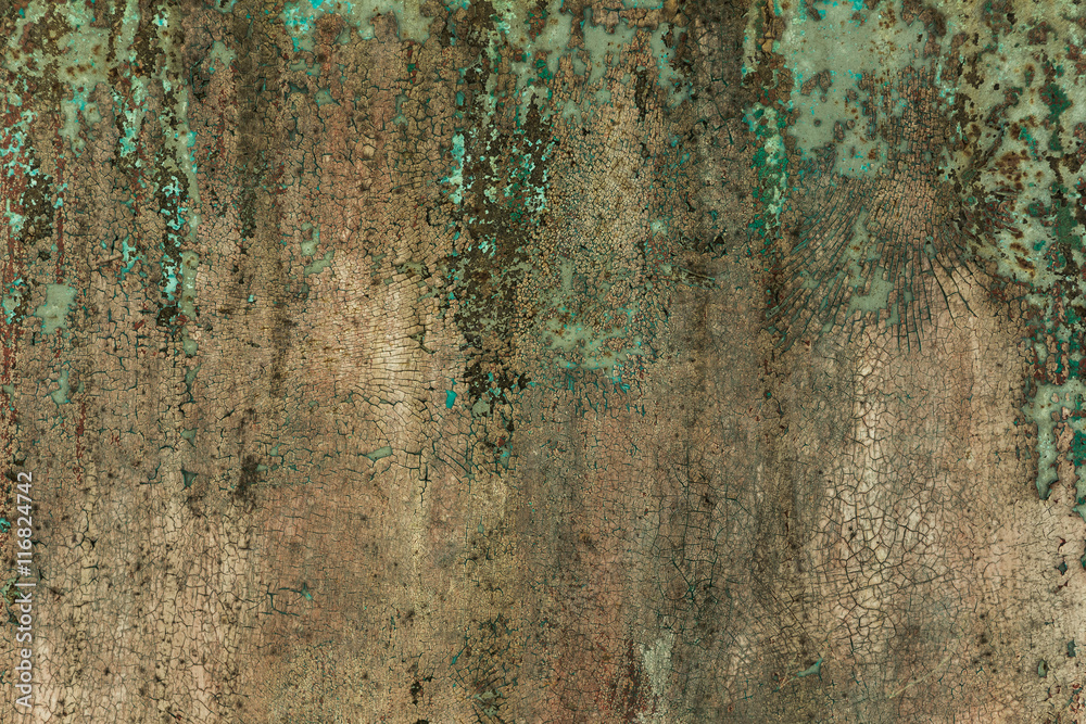 Old metal surface is covered with peeling green paint colors. background Old metal surface is covered with peeling green paint colors. background