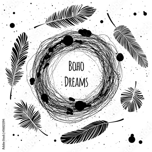 Round nest or wreath with place for your text. Decorative feathers. Vector illustration