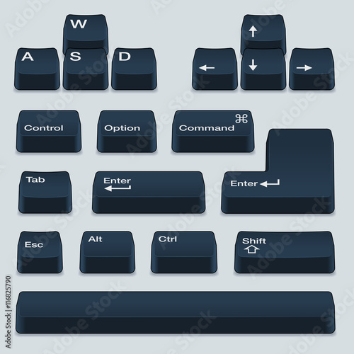 Isometric Computer Black Keyboard Keys Including Alt, Control, Shift, Enter and Arrow Keys