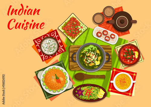 Indian cuisine menu with dishes and desserts