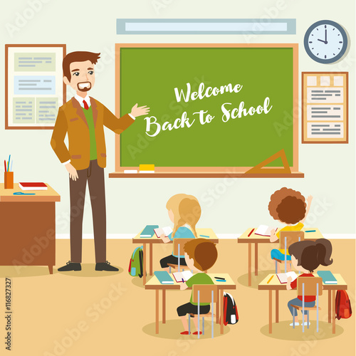 Male teacher with pupils in the classroom. Educational process, school lesson. Vector eps 10 format.