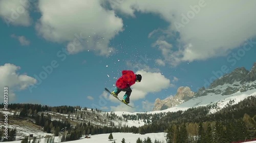 snowboard slow motion,snowboarder jumping spinning backside