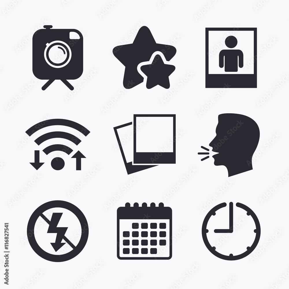 Photo camera icon. No flash light sign. Photo camera icon. No flash light sign.