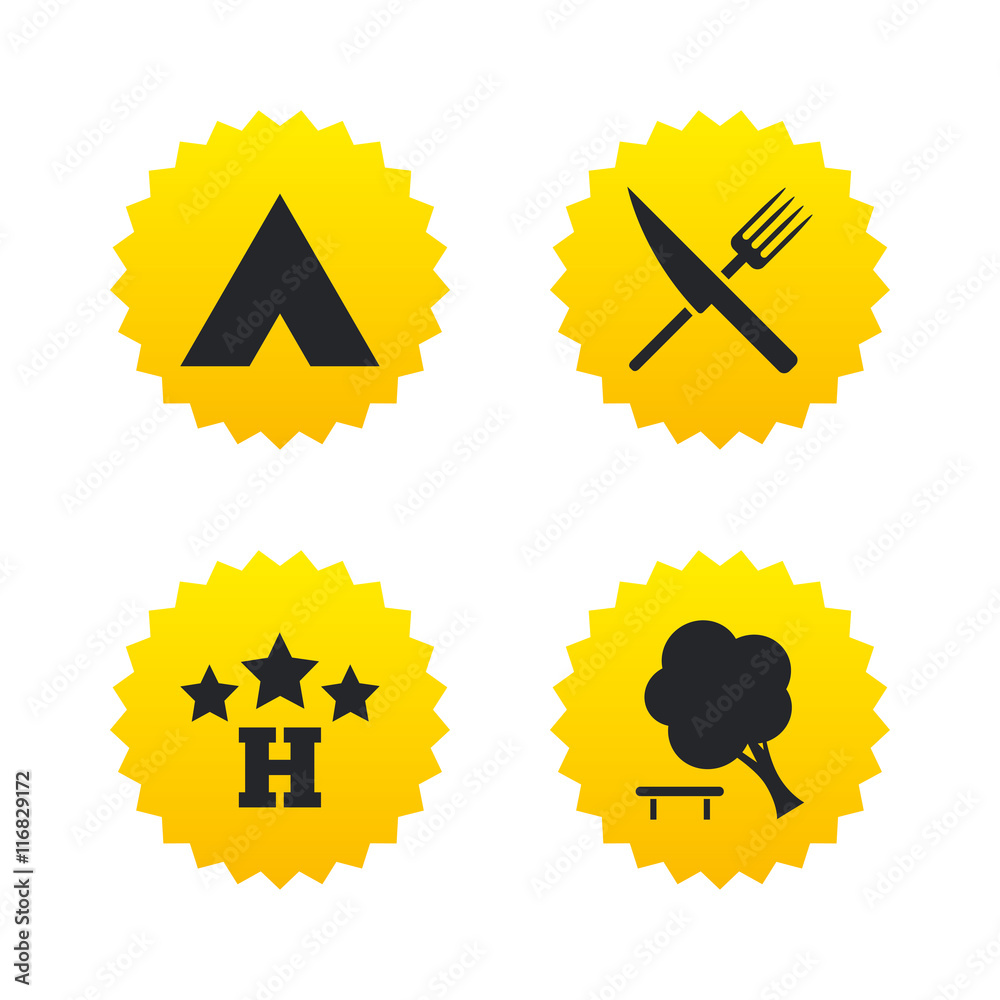 Food, hotel, camping tent and tree signs. Food, hotel, camping tent and tree signs.