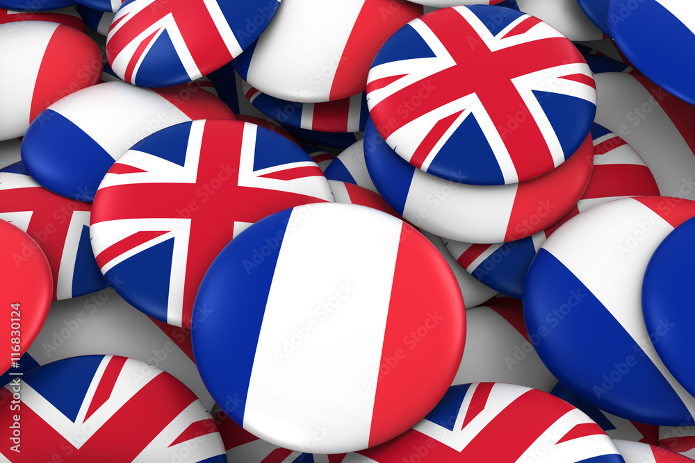 Φωτογραφία France and UK Badges Background - Pile of French and British Flag Buttons 3D Ill