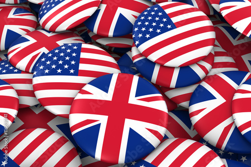 US and UK Badges Background - Pile of American and British Flag Buttons 3D Illustration
