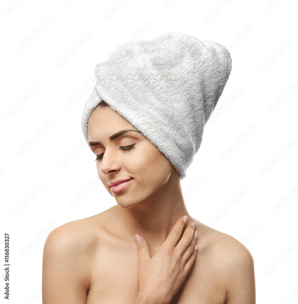 Pretty woman with towel on hair, isolated on white Pretty woman with towel on hair, isolated on white