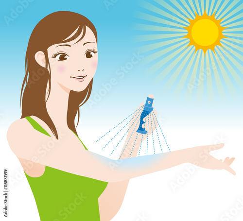 young woman puts sunscreen spray on her arm, vector illustration
