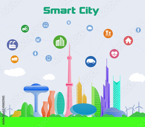smart city conceptual illustration with various technological icons, futuristic cityscape and modern lifestyle, smart gird, IoT(Internet of Things), ICT(Information Communication Technology)