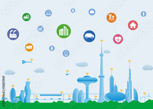 smart city conceptual illustration with various technological icons, futuristic cityscape and modern lifestyle, smart gird, Internet of Things, Information Communication Technology